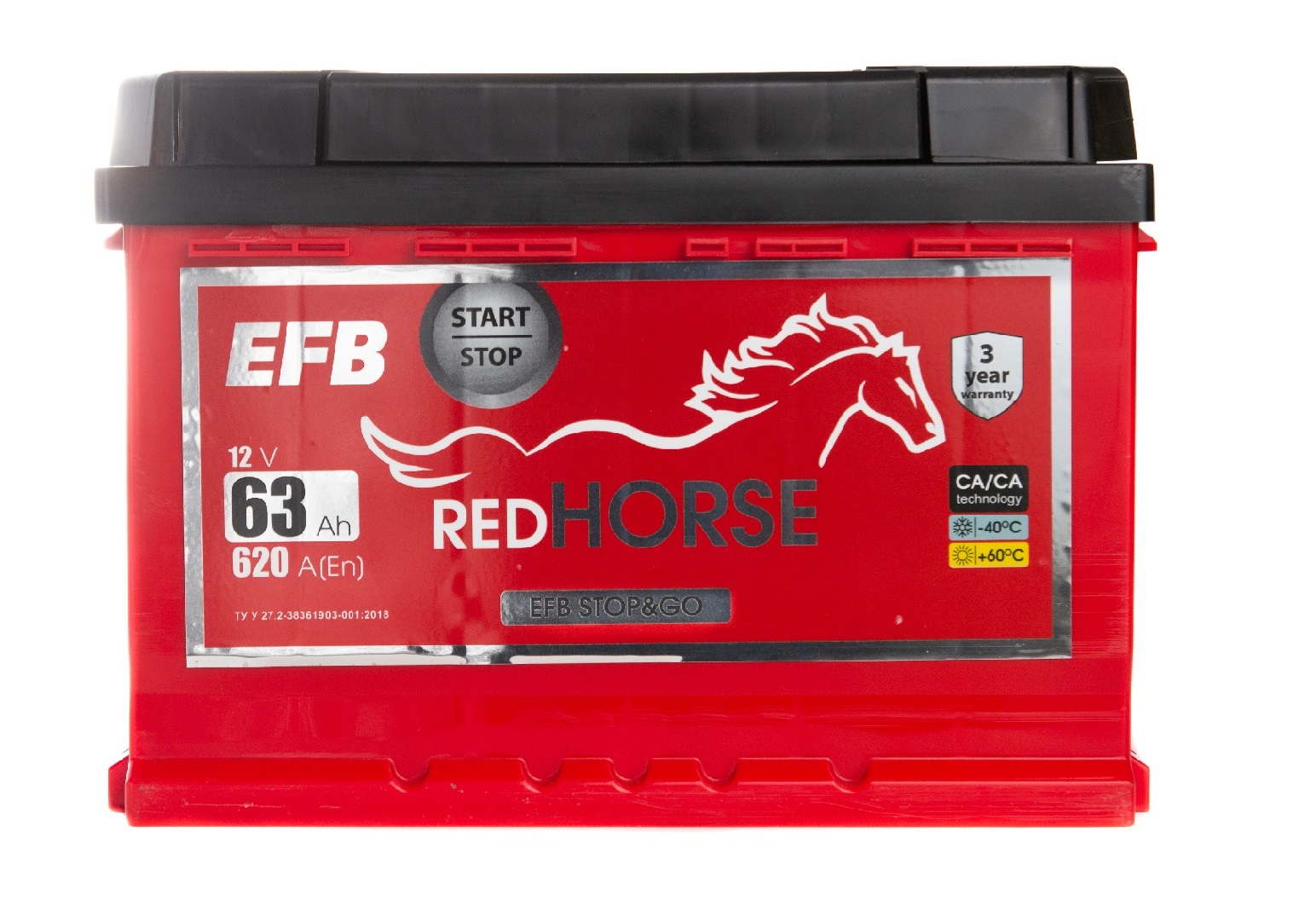 Акумулятор легковий Red Horse EFB STOP&GO 6СТ-63(1), 12B, 63Ah, 620A, плюс ліворуч (L+), EFB, 242x175x175мм (Україна) (RHEFB063E1)
